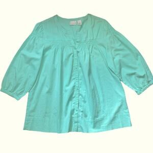 Kim Rogers 100% Cotton Blue Green Chameleon Button Front Mandarin Collar Top M